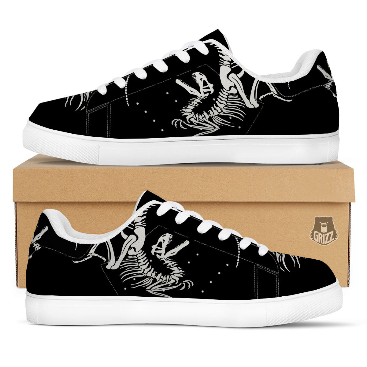 Dinosaur Fossil White And Black Print White Low Top Sneakers-grizzshop
