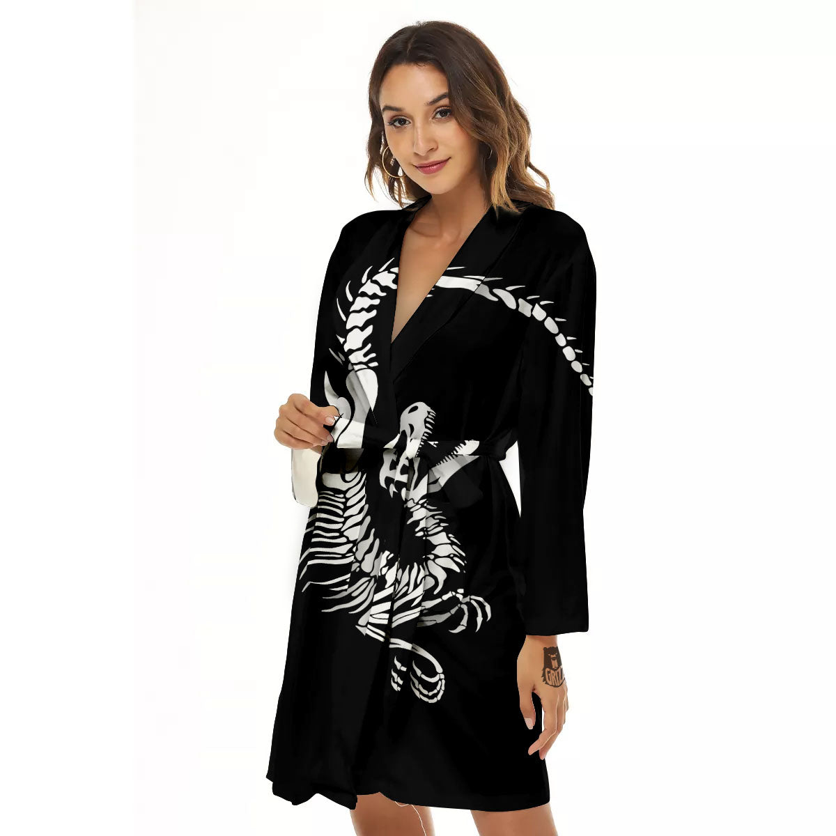 Dinosaur Fossil White And Black Print Women's Robe-grizzshop