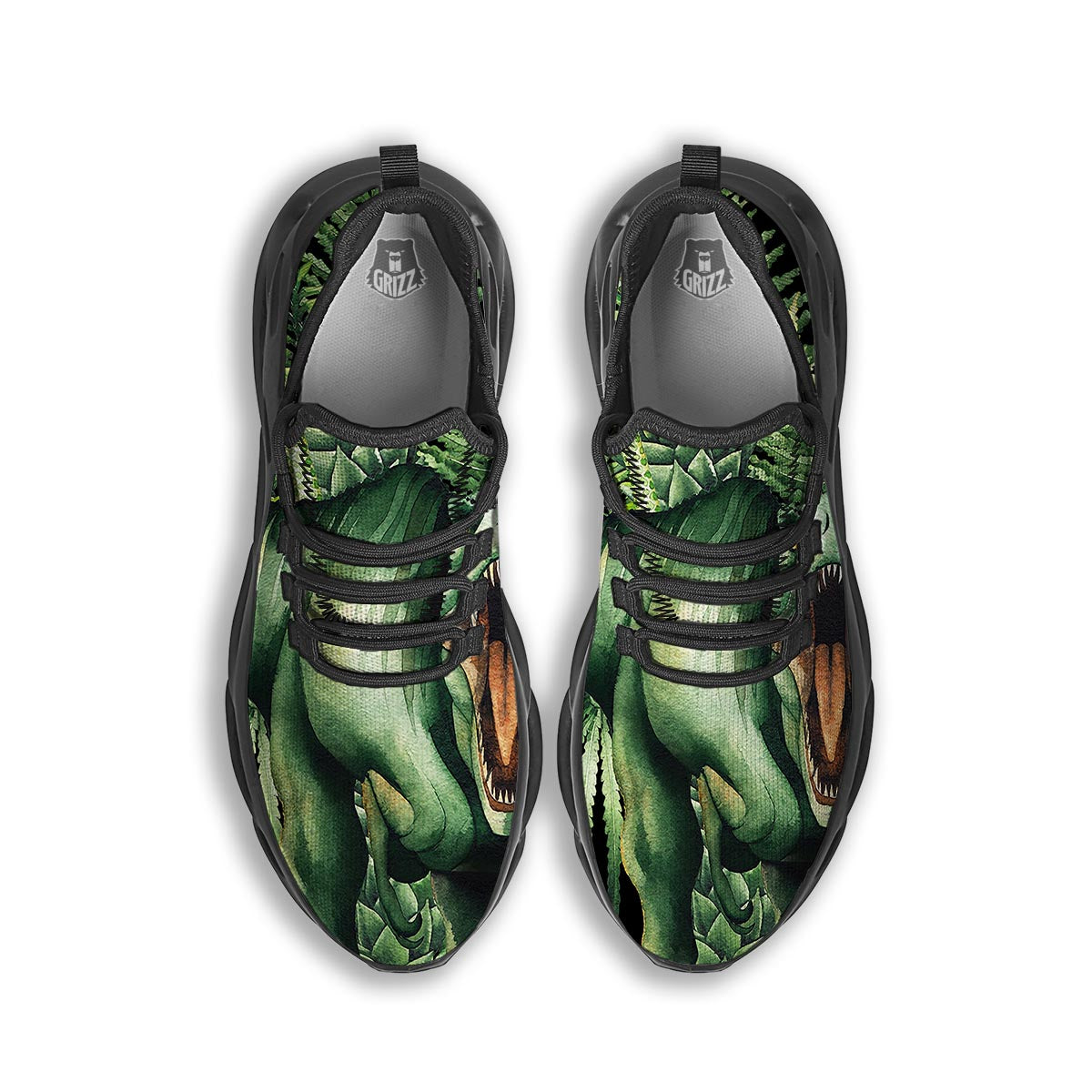 Dinosaur T Rex And Jurassic Plants Print Black Running Shoes-grizzshop
