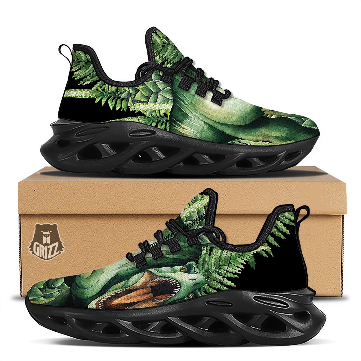 Dinosaur T Rex And Jurassic Plants Print Black Running Shoes-grizzshop