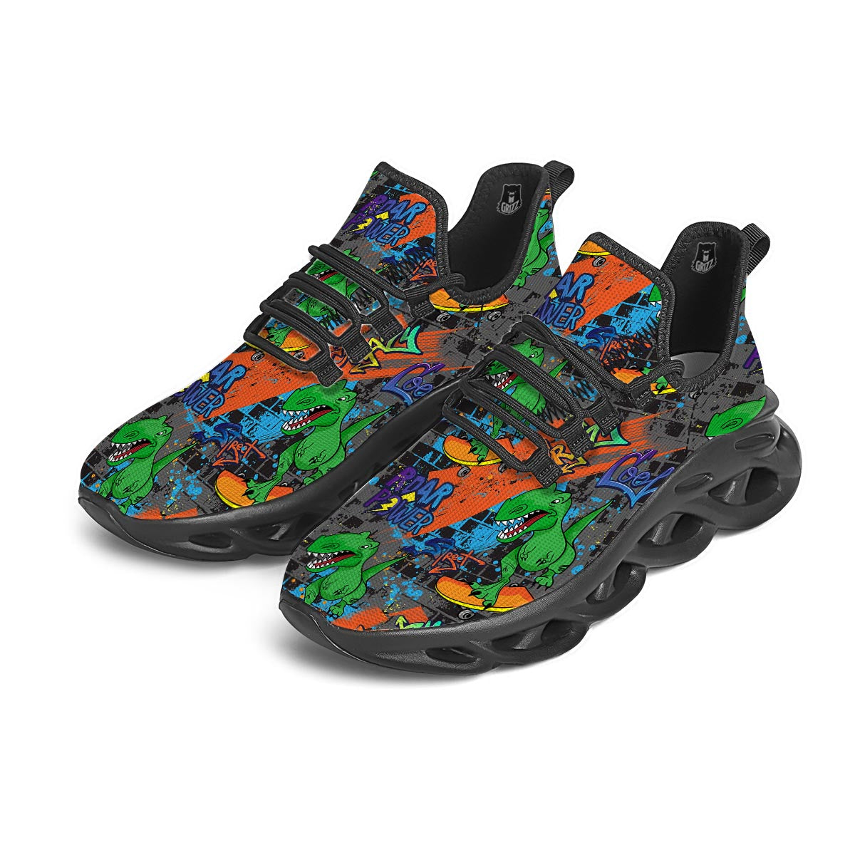 Dinosaur T-rex Graffiti Print Black Running Shoes-grizzshop