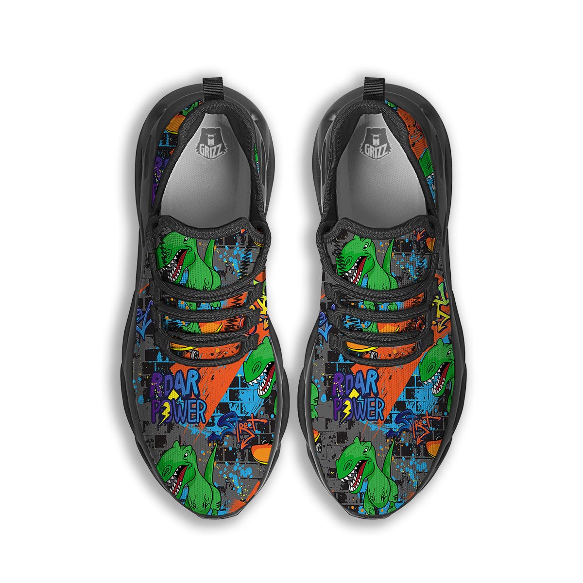 Dinosaur T-rex Graffiti Print Black Running Shoes-grizzshop