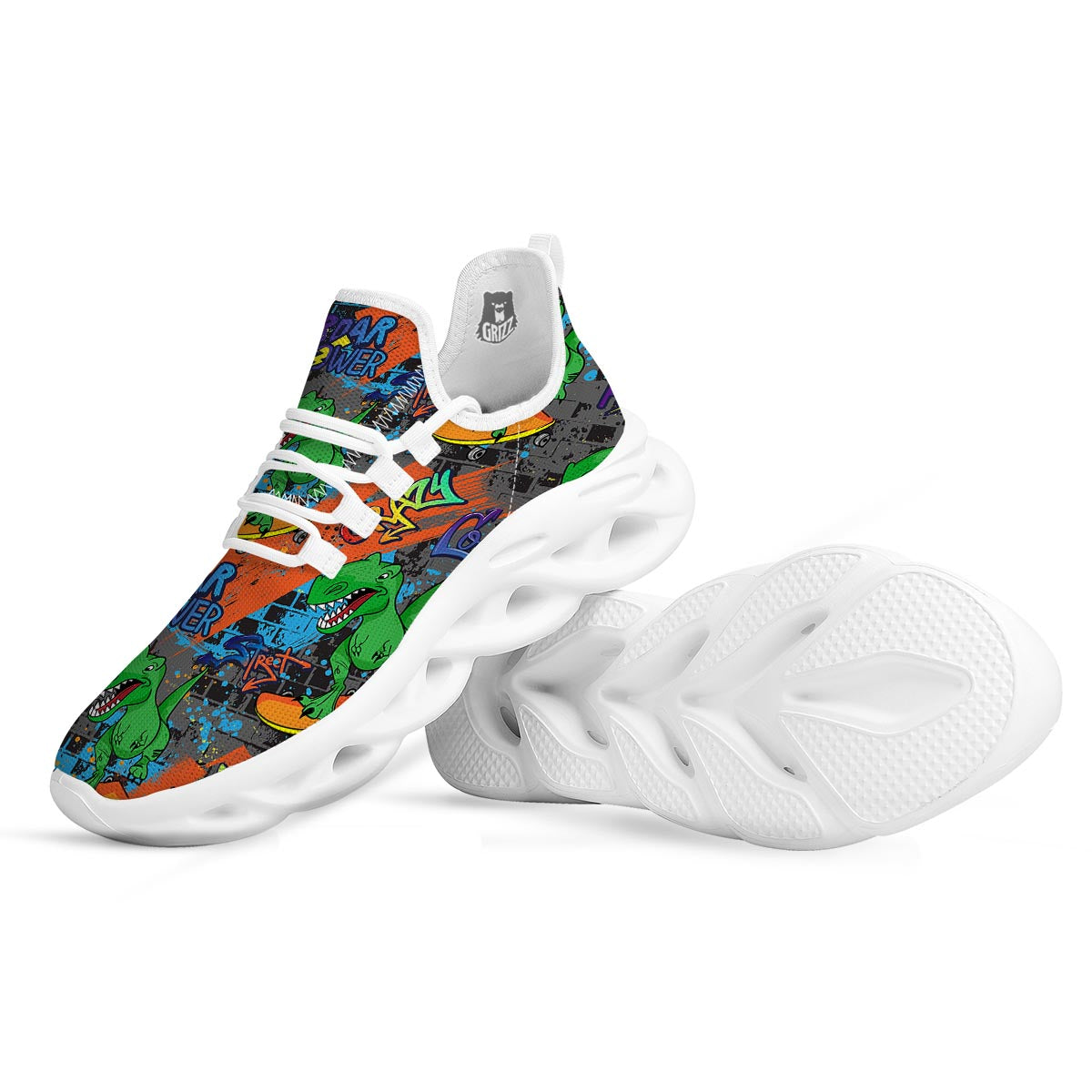 Dinosaur T-rex Graffiti Print White Running Shoes-grizzshop