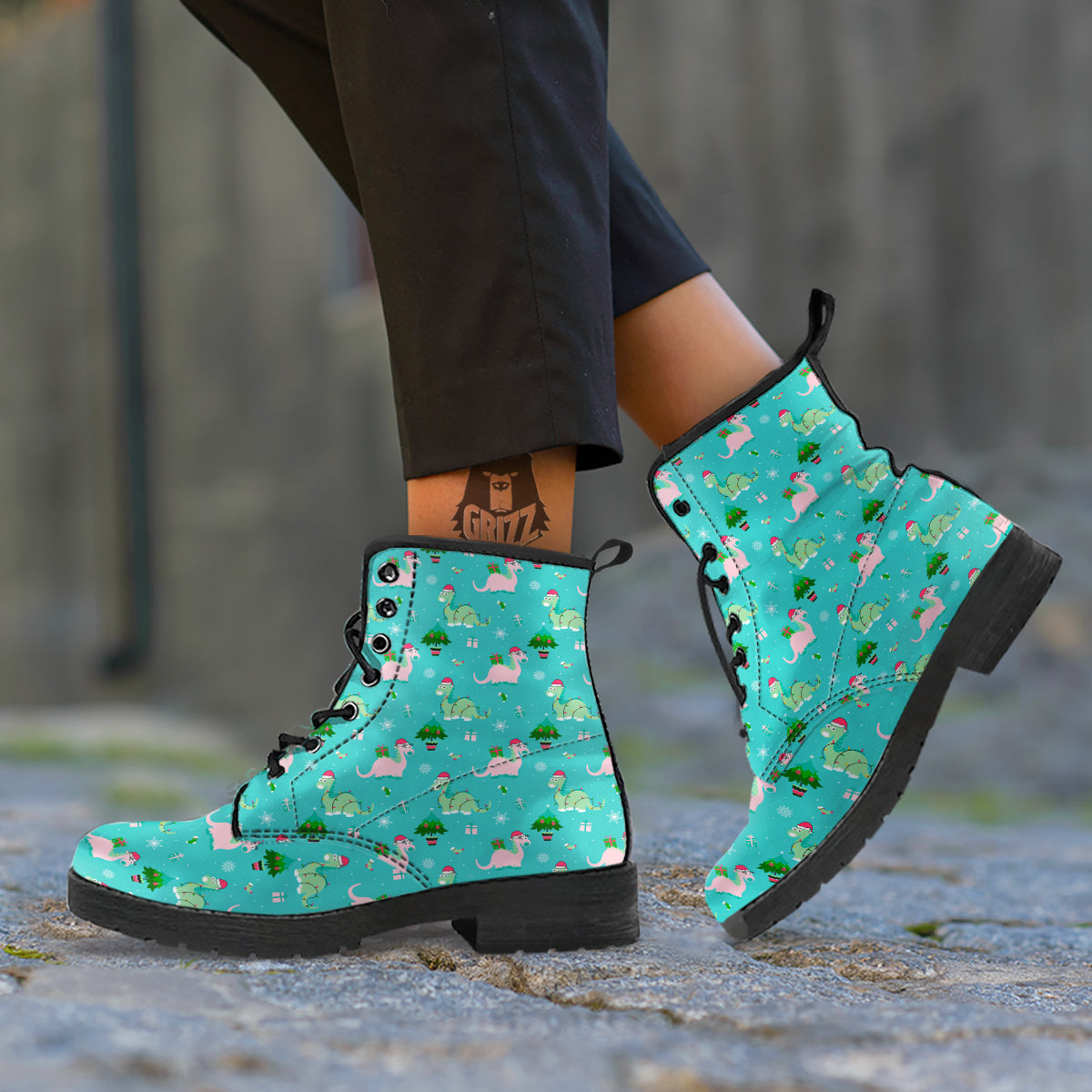 Dinosaur Xmas Print Pattern Leather Boots-grizzshop
