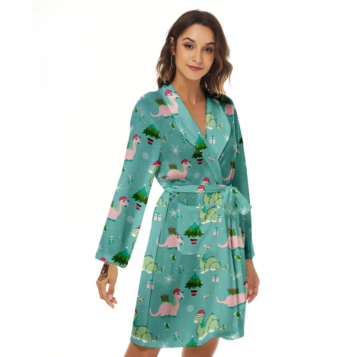 Dinosaur Xmas Print Pattern Women's Robe-grizzshop