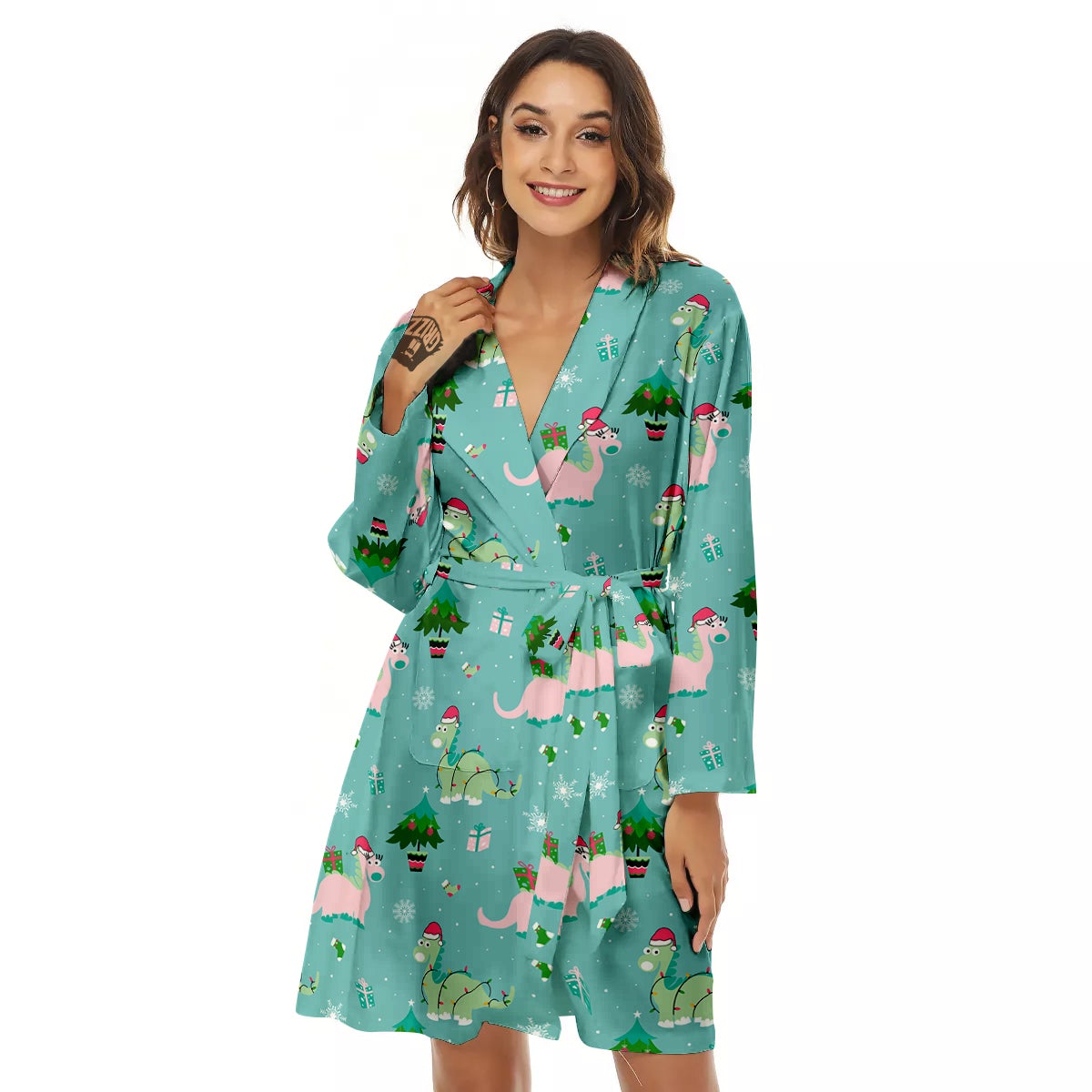 Dinosaur Xmas Print Pattern Women's Robe-grizzshop