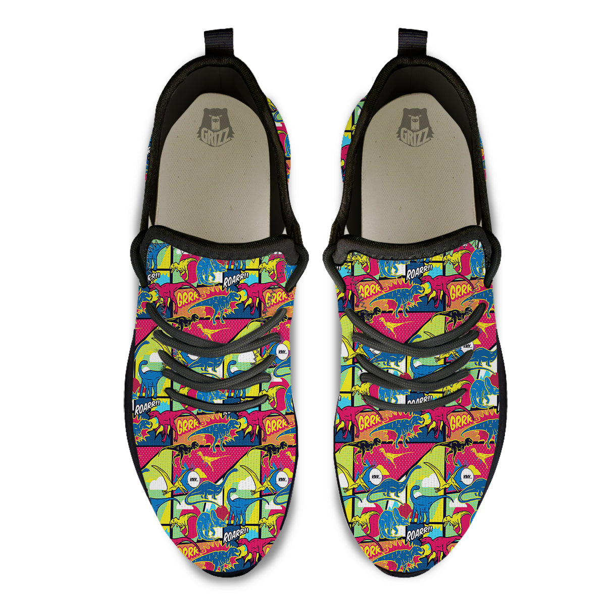 Dinosaurs Comic Print Pattern Black Athletic Shoes-grizzshop