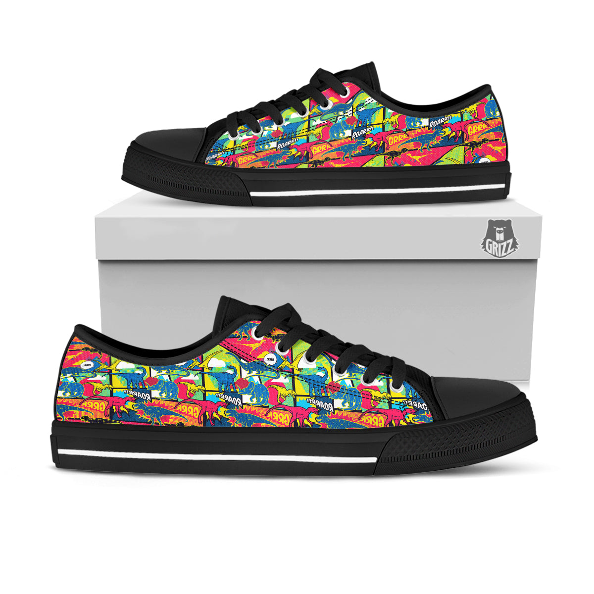 Dinosaurs Comic Print Pattern Black Low Top Shoes-grizzshop