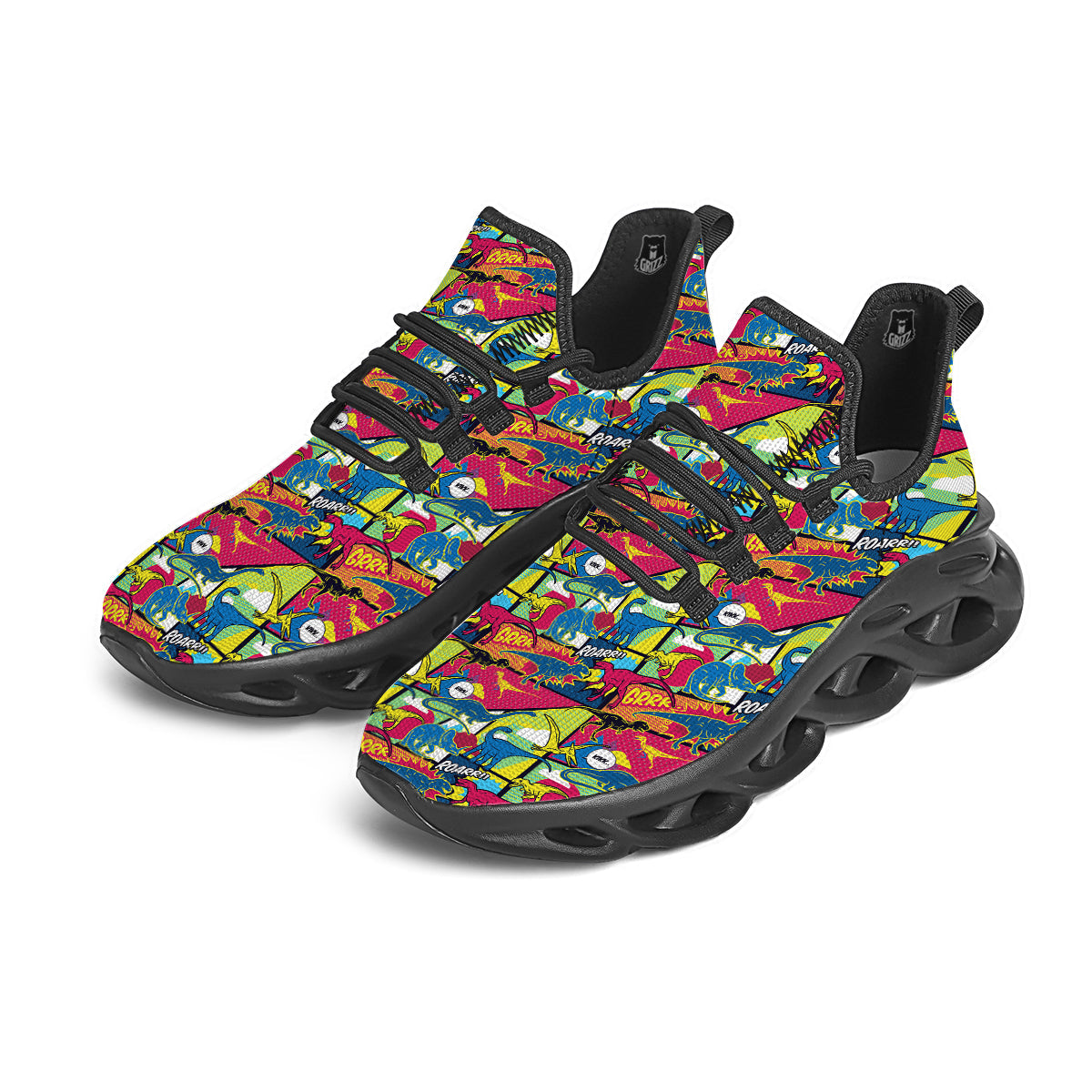 Dinosaurs Comic Print Pattern Black Running Shoes-grizzshop