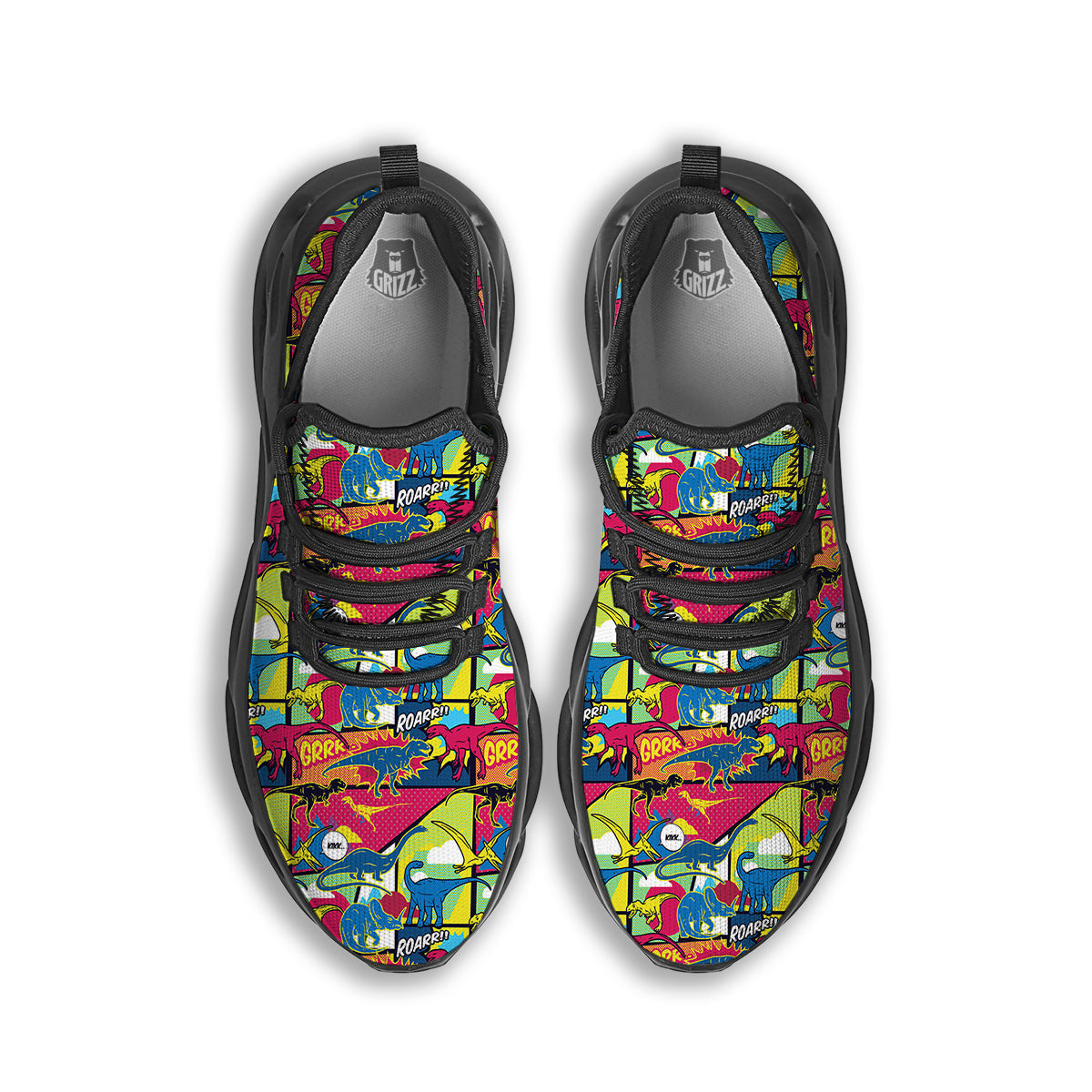 Dinosaurs Comic Print Pattern Black Running Shoes-grizzshop