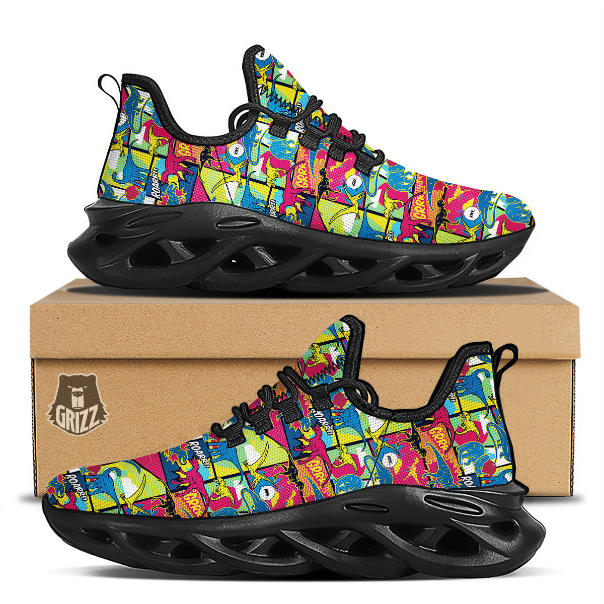 Dinosaurs Comic Print Pattern Black Running Shoes-grizzshop