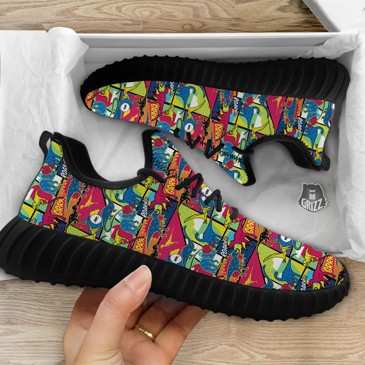 Dinosaurs Comic Print Pattern Black Walking Shoes-grizzshop