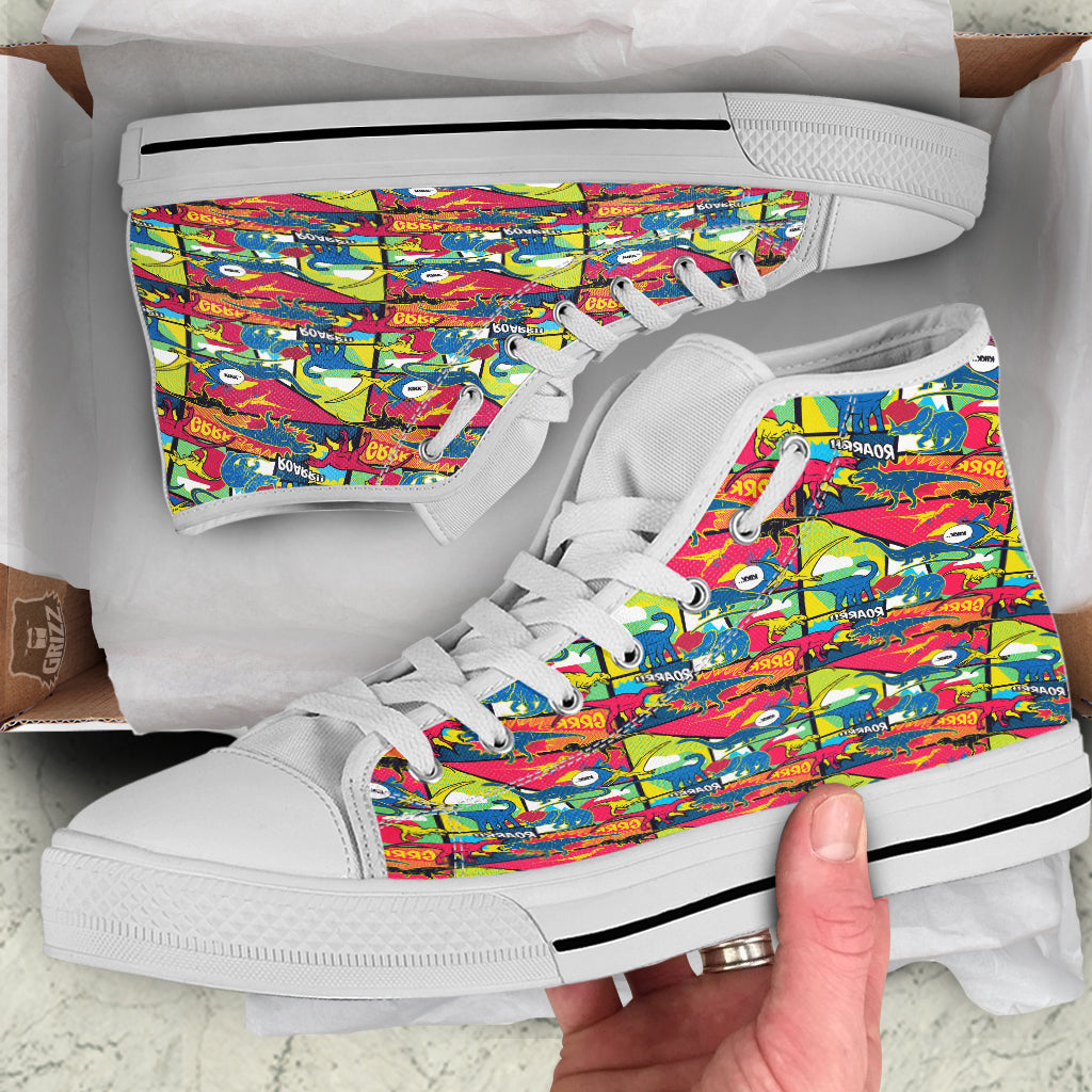 Dinosaurs Comic Print Pattern White High Top Shoes-grizzshop