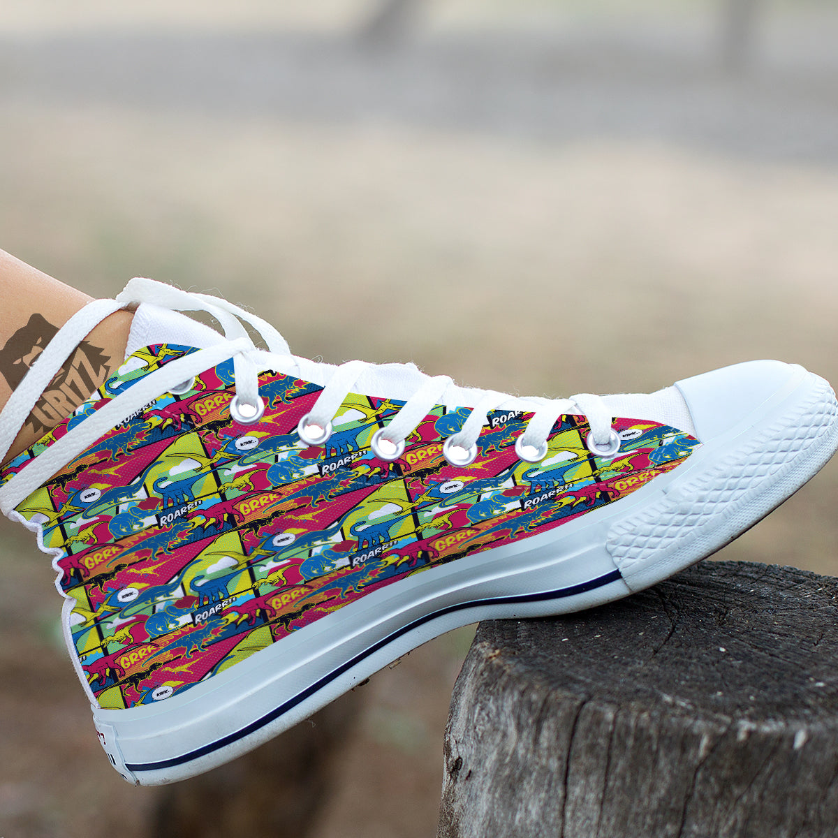 Dinosaurs Comic Print Pattern White High Top Shoes-grizzshop