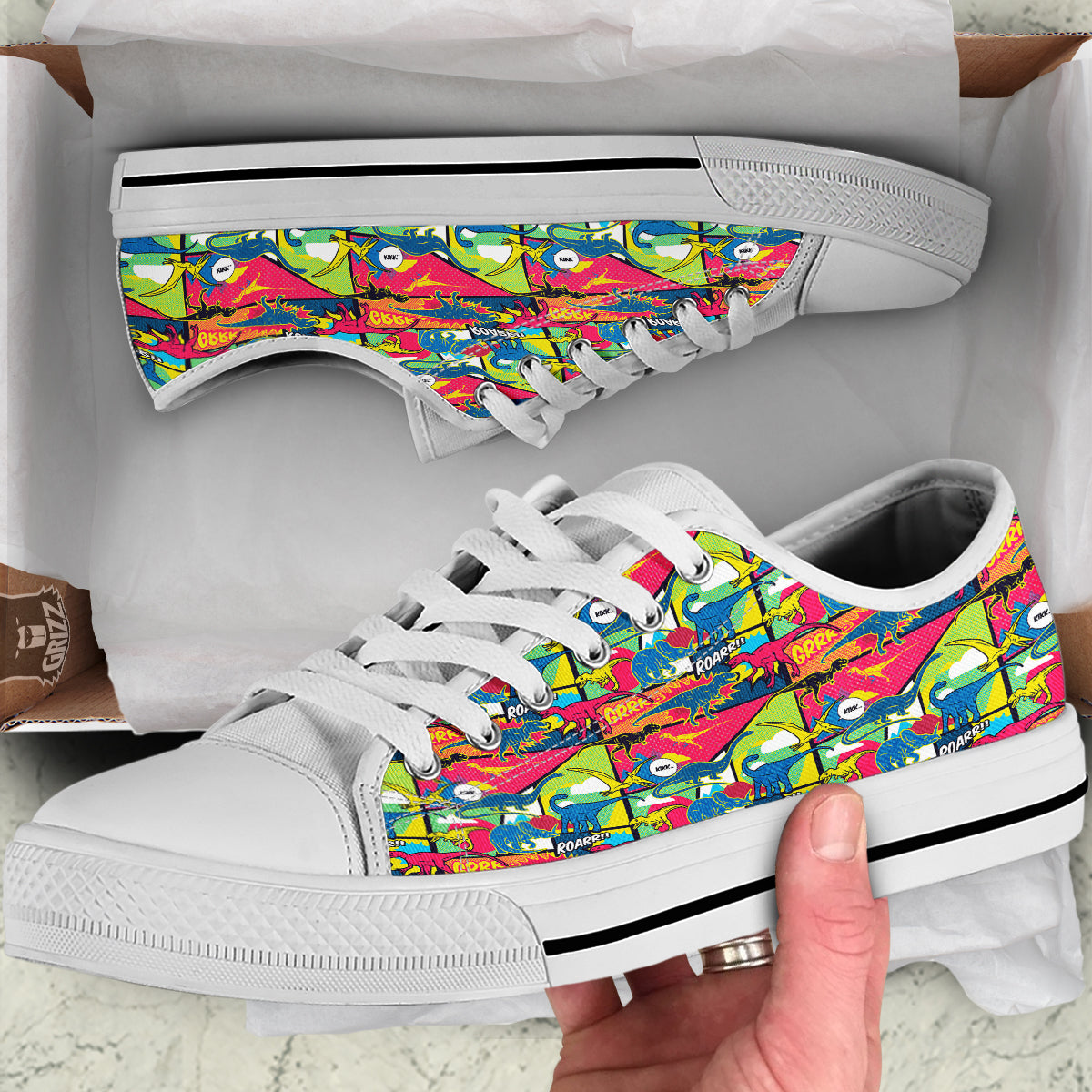 Dinosaurs Comic Print Pattern White Low Top Shoes-grizzshop