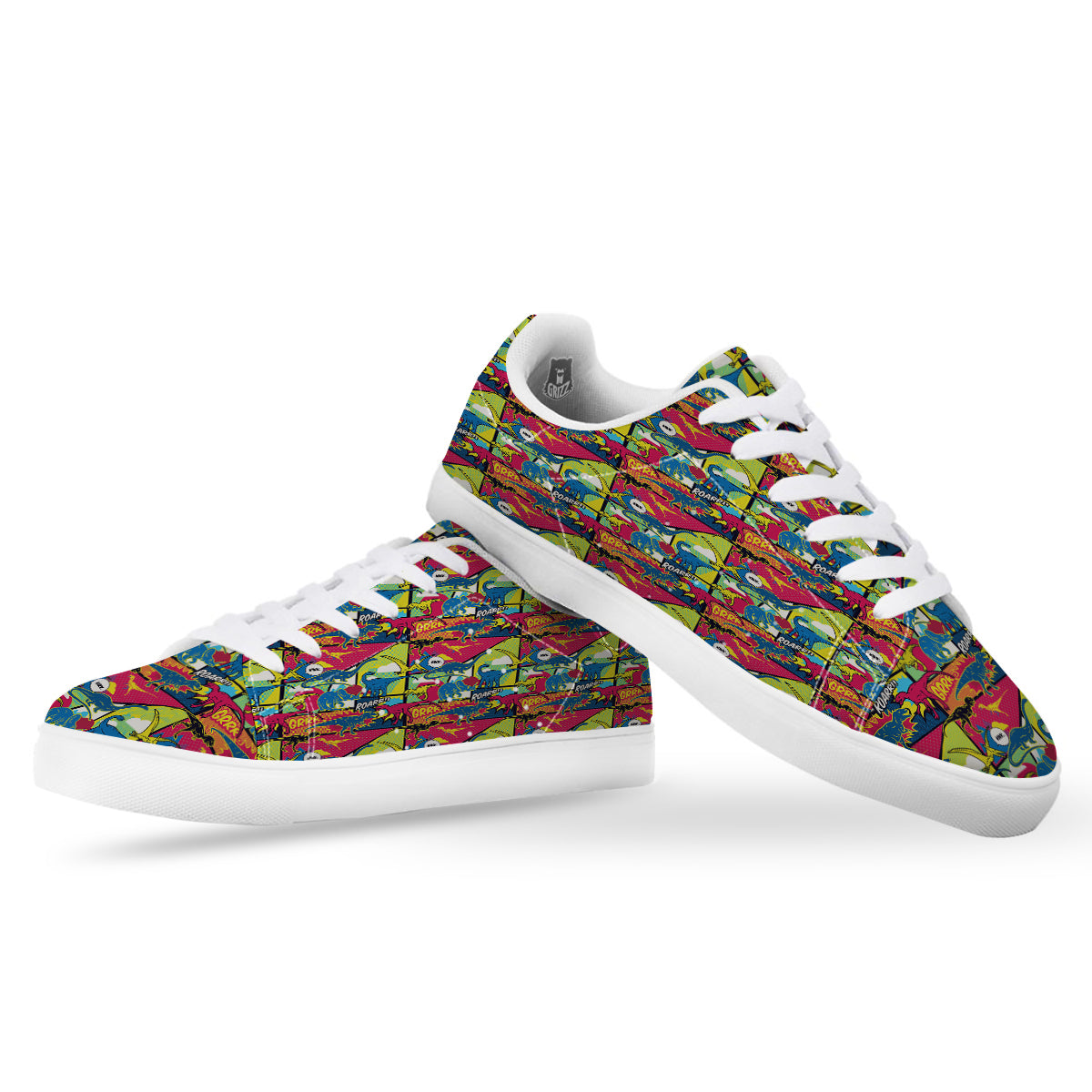 Dinosaurs Comic Print Pattern White Low Top Sneakers-grizzshop