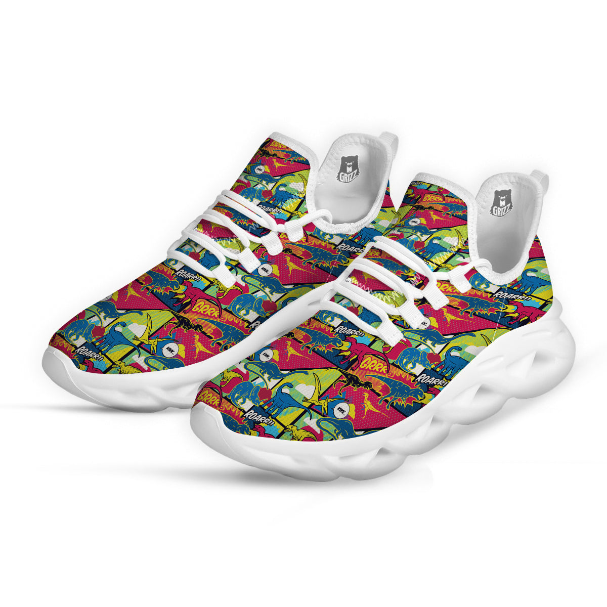 Dinosaurs Comic Print Pattern White Running Shoes-grizzshop