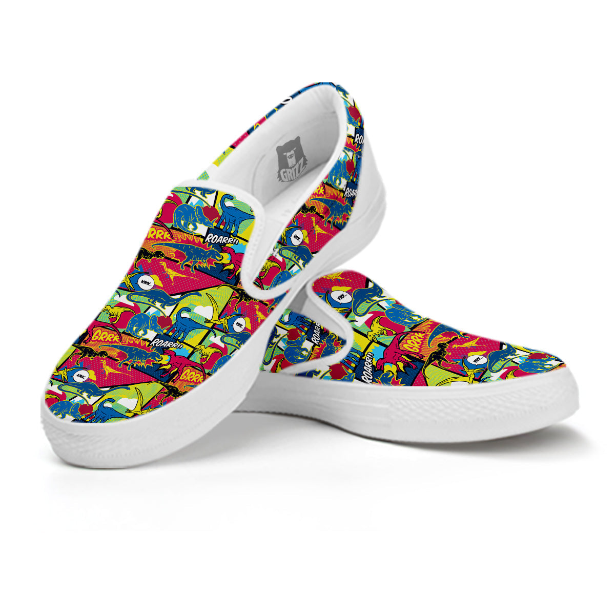 Dinosaurs Comic Print Pattern White Slip On Shoes-grizzshop