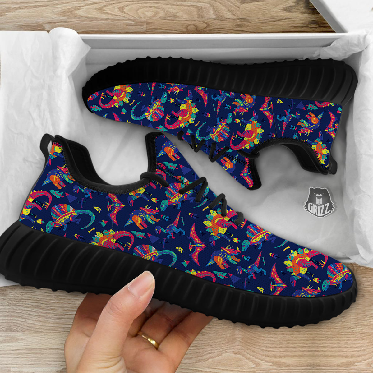 Dinosaurs Cute Colorful Print Pattern Black Walking Shoes-grizzshop