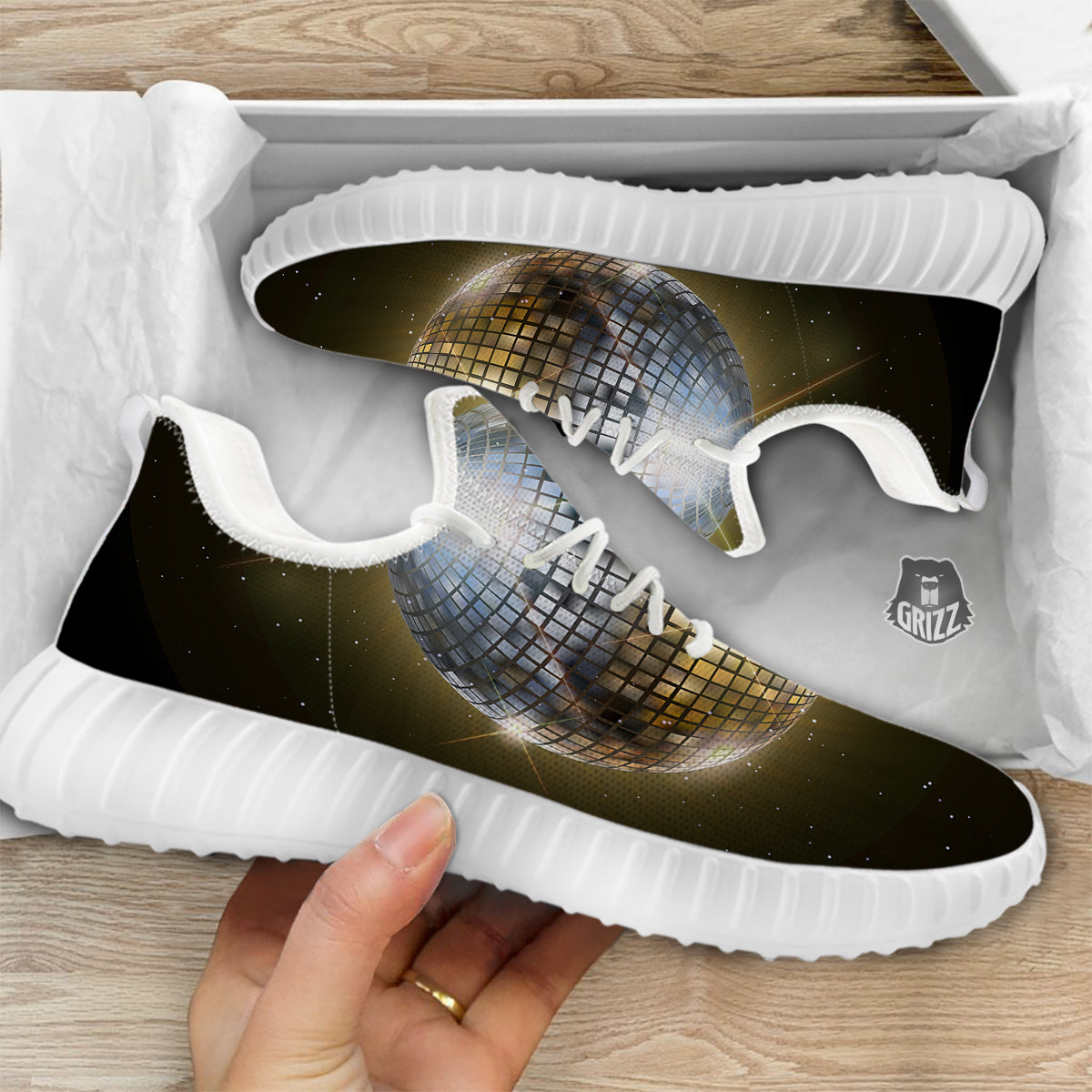 Disco Ball In Night Party Print White Walking Shoes-grizzshop