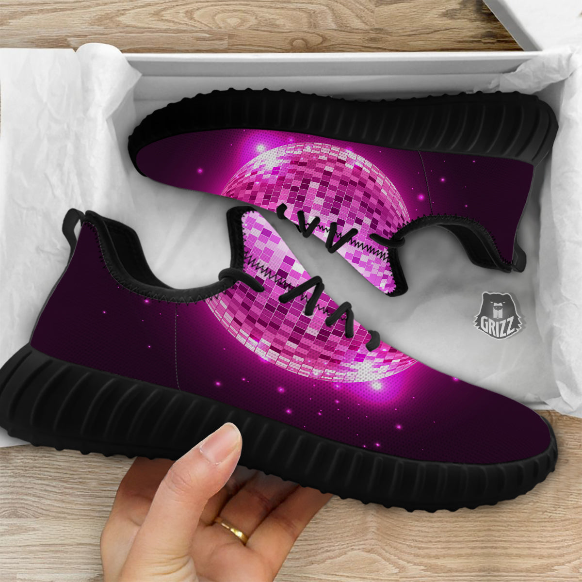 Disco Ball Light Pink Print Black Walking Shoes-grizzshop