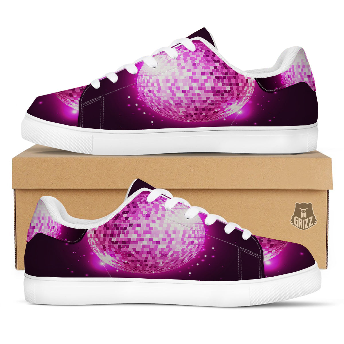 Disco Ball Light Pink Print White Low Top Sneakers-grizzshop