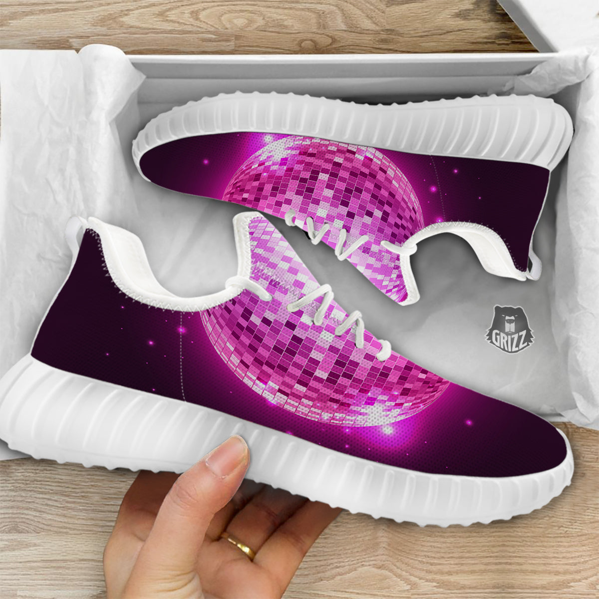 Disco Ball Light Pink Print White Walking Shoes-grizzshop