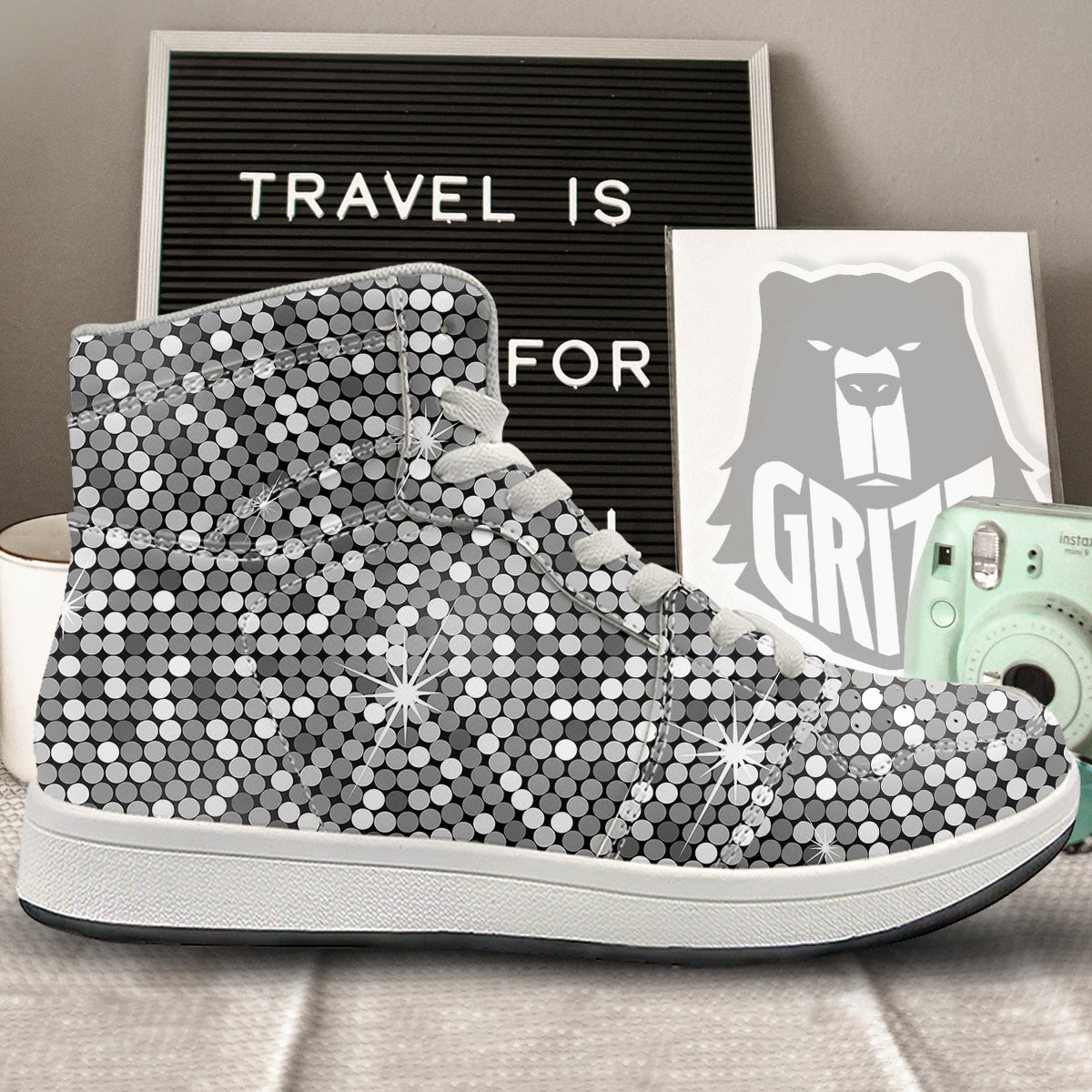 Disco Ball Texture Print High Top Sneakers-grizzshop
