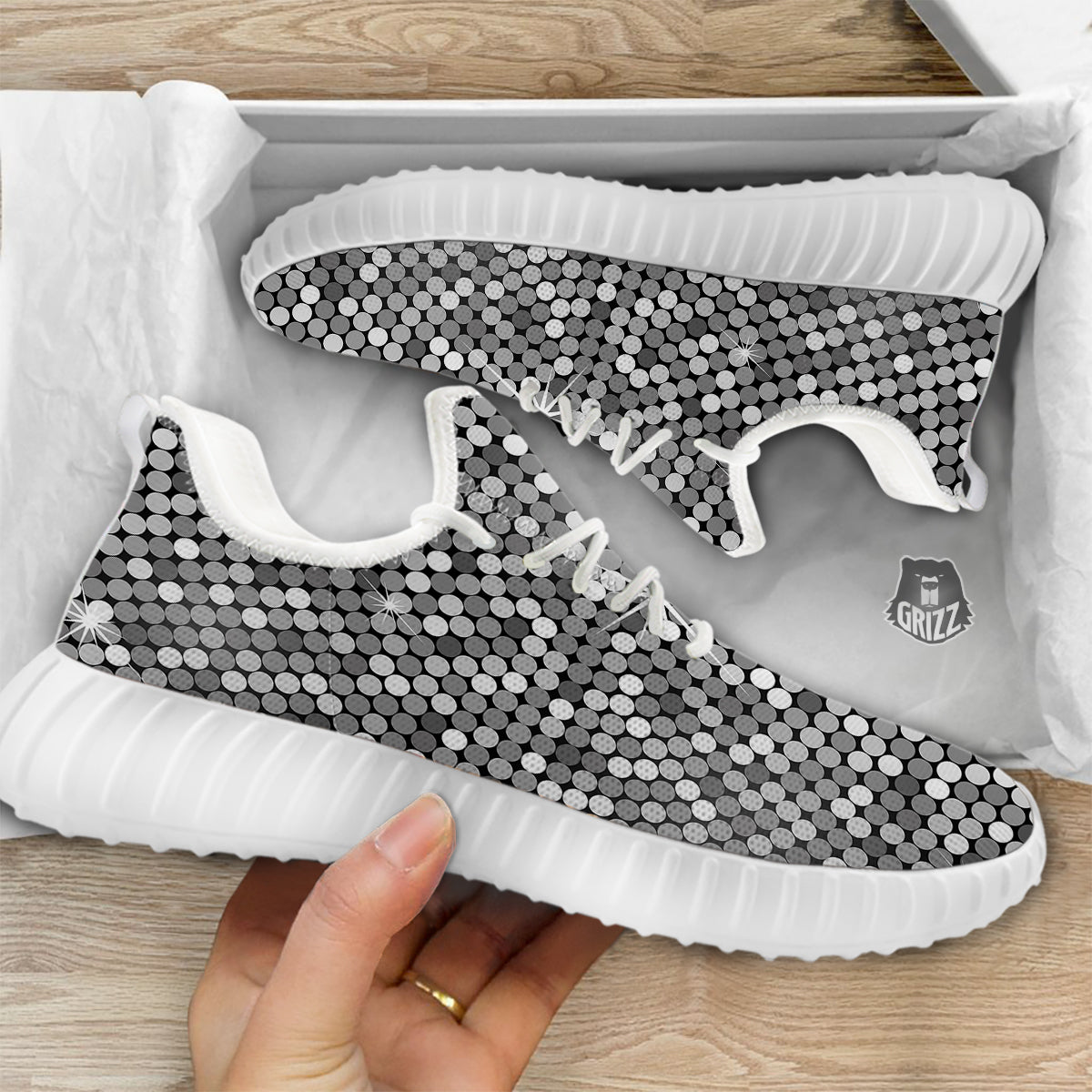 Disco Ball Texture Print White Walking Shoes-grizzshop