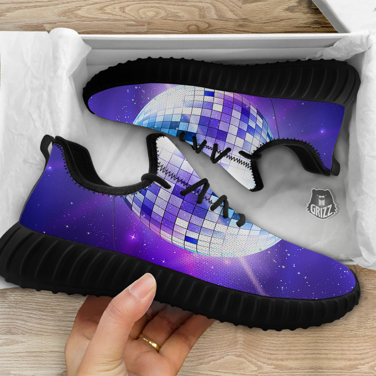 Disco Ball Ultraviolet Print Black Walking Shoes-grizzshop
