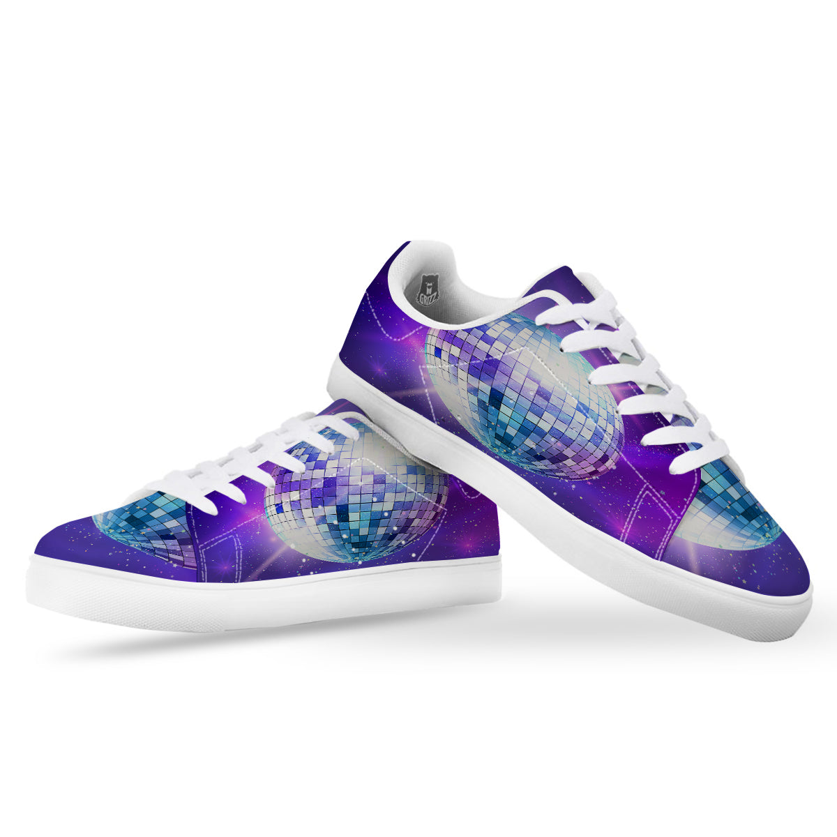 Disco Ball Ultraviolet Print White Low Top Sneakers-grizzshop