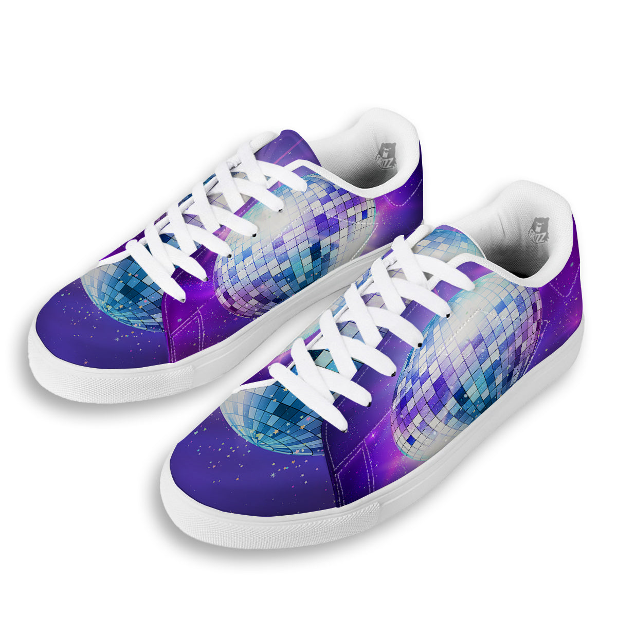 Disco Ball Ultraviolet Print White Low Top Sneakers-grizzshop