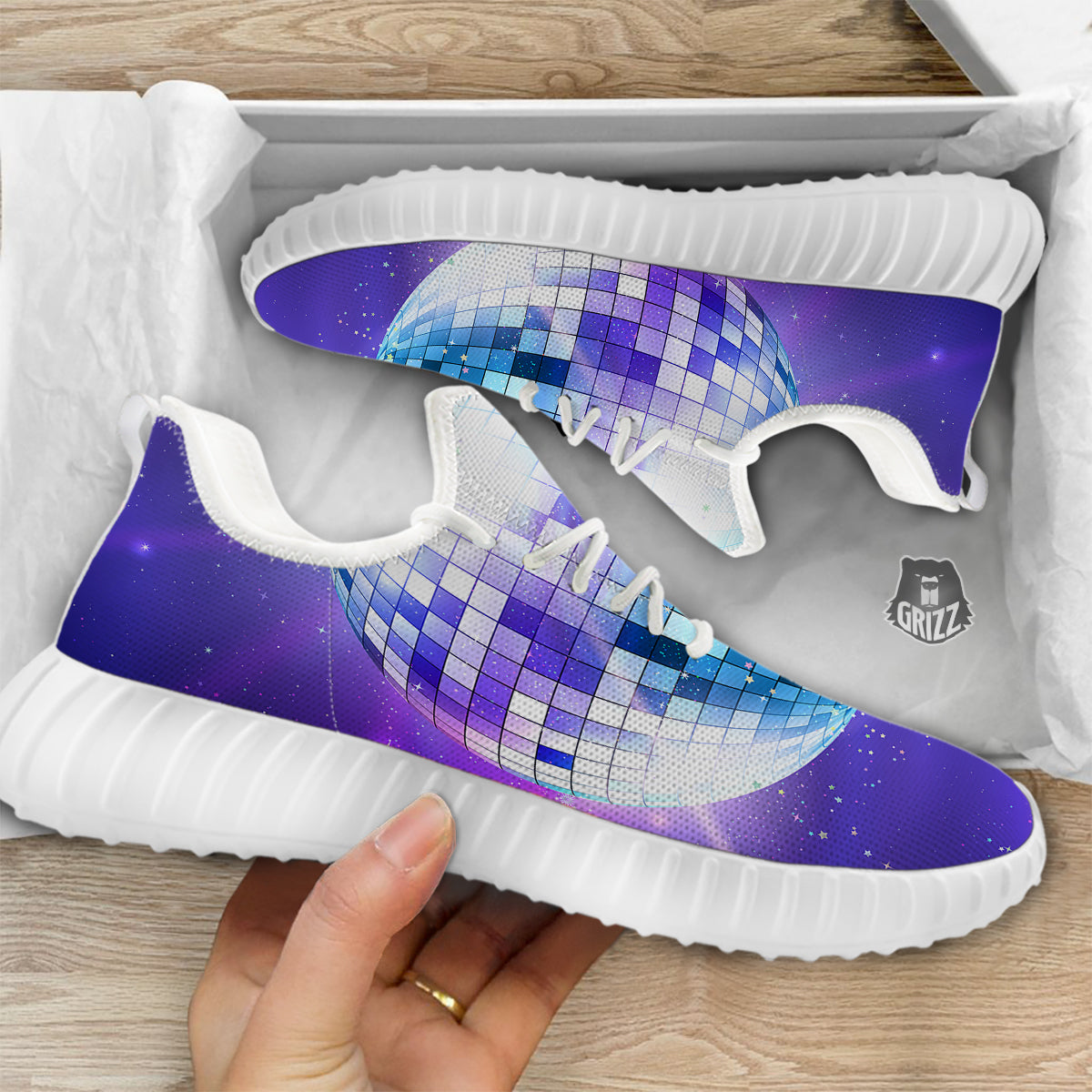 Disco Ball Ultraviolet Print White Walking Shoes-grizzshop