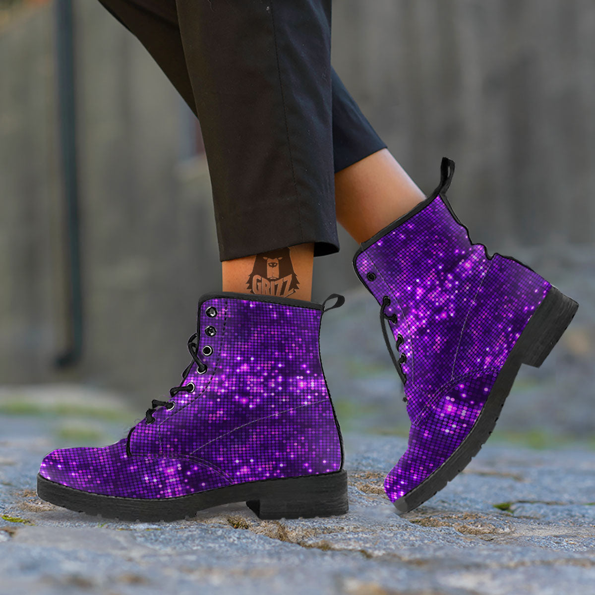 Disco Lights Purple Print Pattern Leather Boots-grizzshop