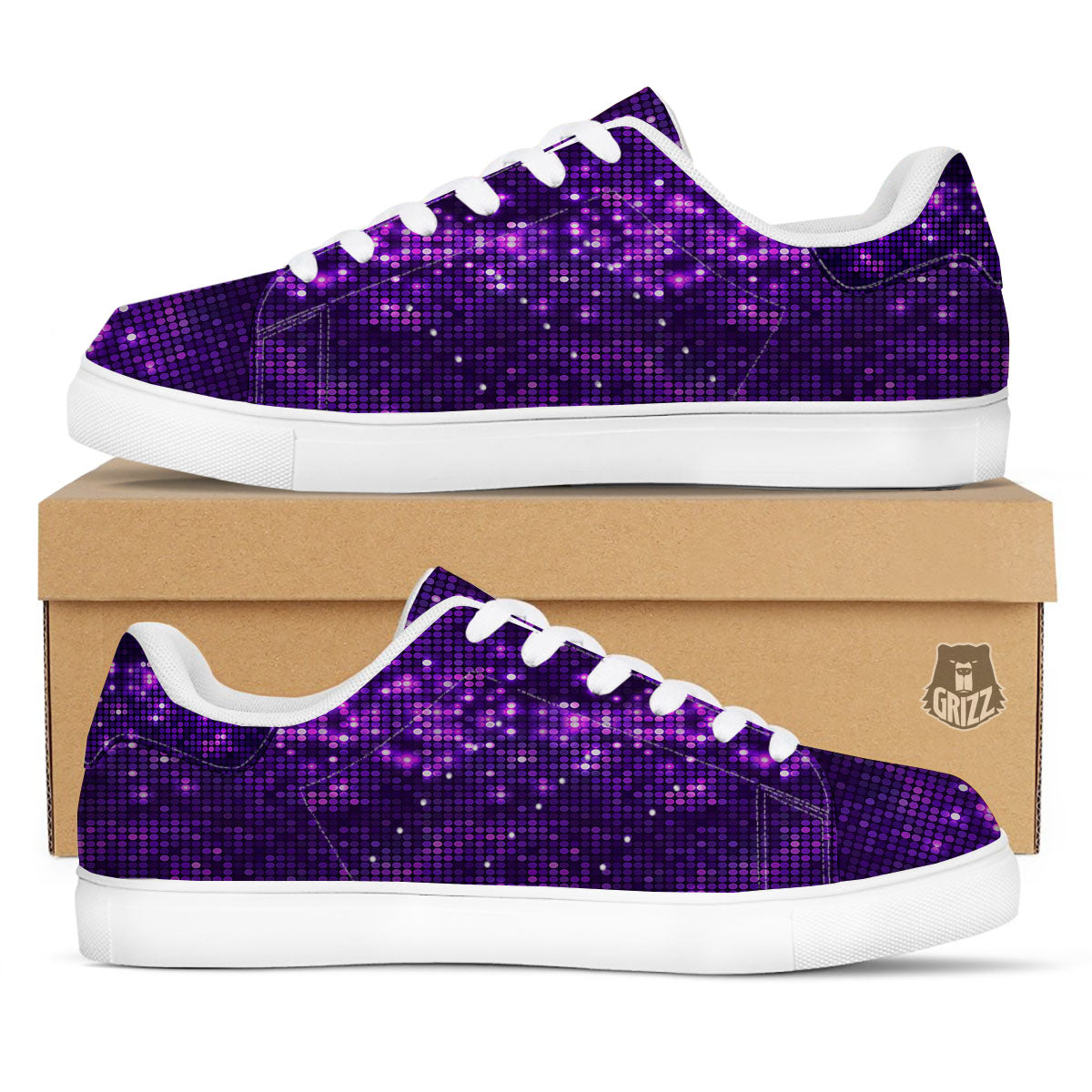 Disco Lights Purple Print Pattern White Low Top Sneakers-grizzshop