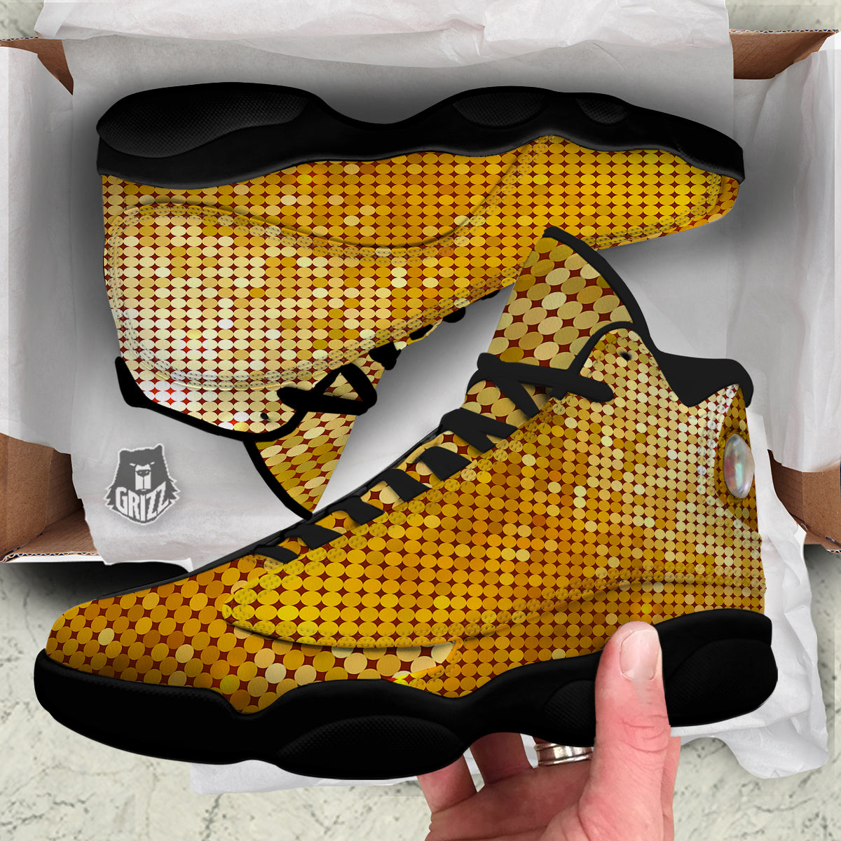 Disco Shiny Golden Texture Print Black Basketball Shoes-grizzshop