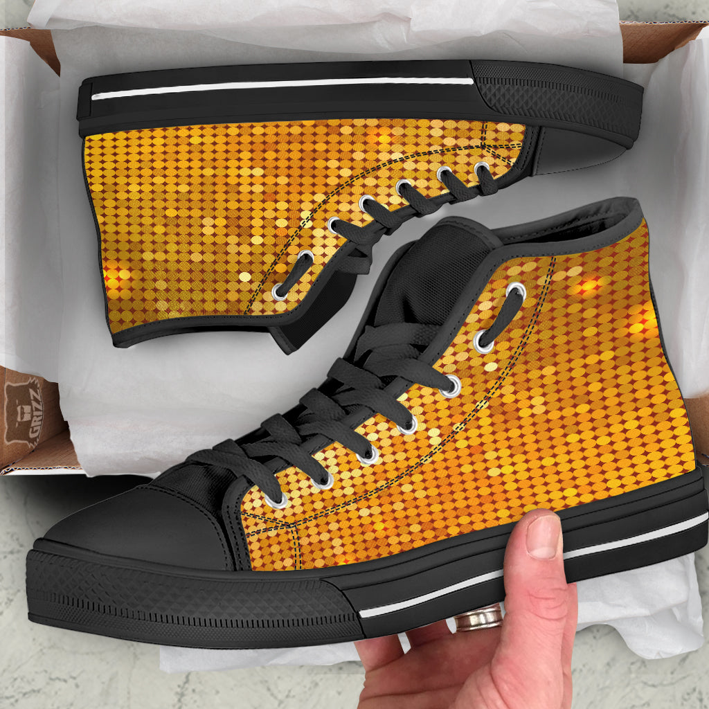 Disco Shiny Golden Texture Print Black High Top Shoes-grizzshop