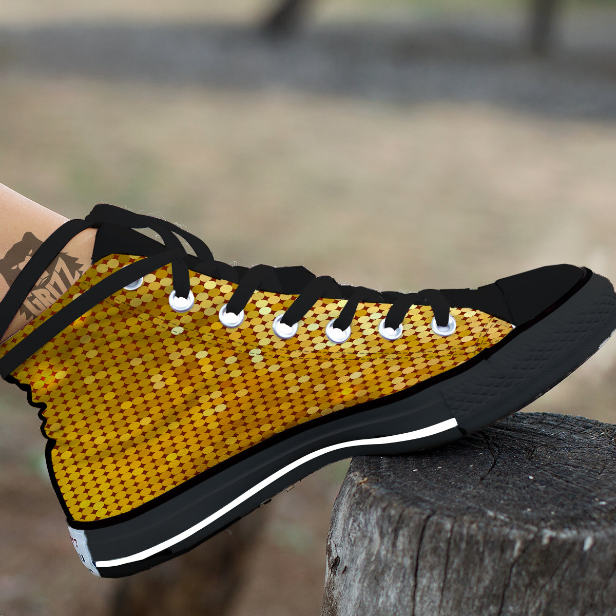 Disco Shiny Golden Texture Print Black High Top Shoes-grizzshop