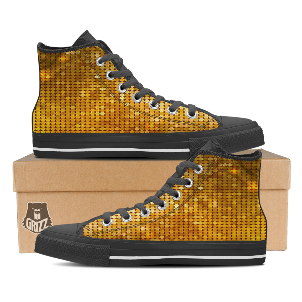 Disco Shiny Golden Texture Print Black High Top Shoes-grizzshop
