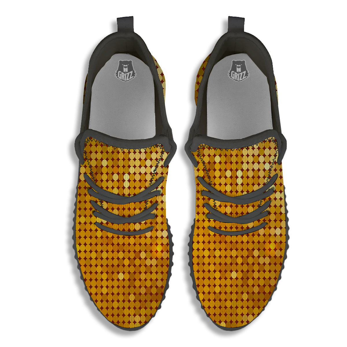 Disco Shiny Golden Texture Print Black Walking Shoes-grizzshop