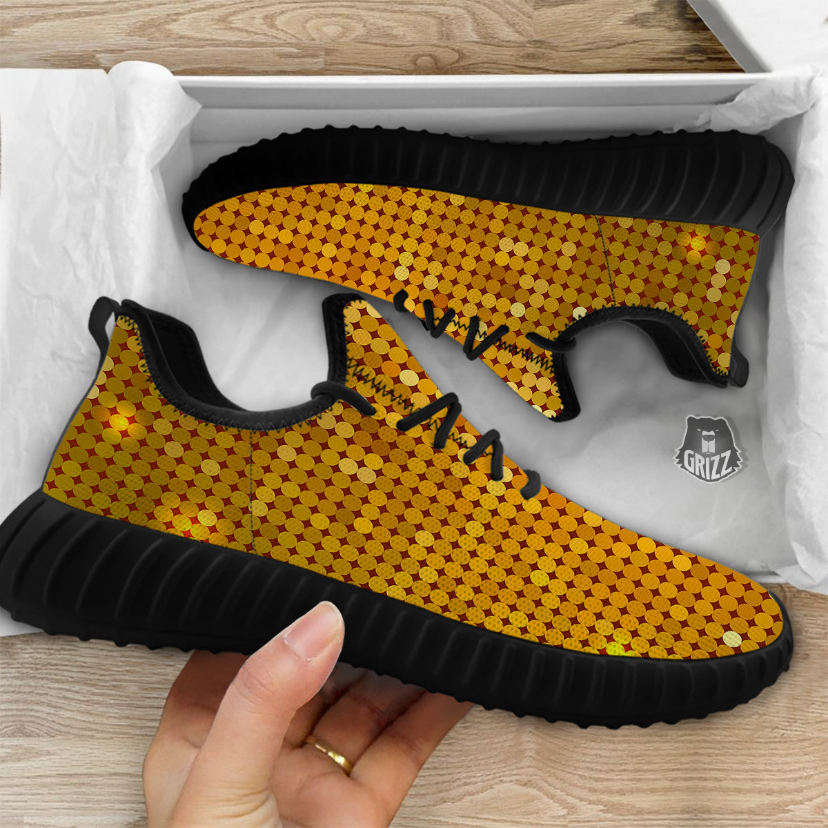 Disco Shiny Golden Texture Print Black Walking Shoes-grizzshop
