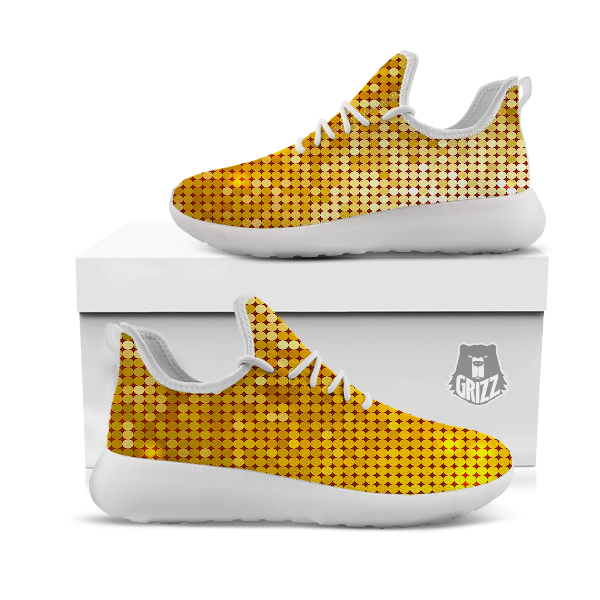 Disco Shiny Golden Texture Print White Athletic Shoes-grizzshop