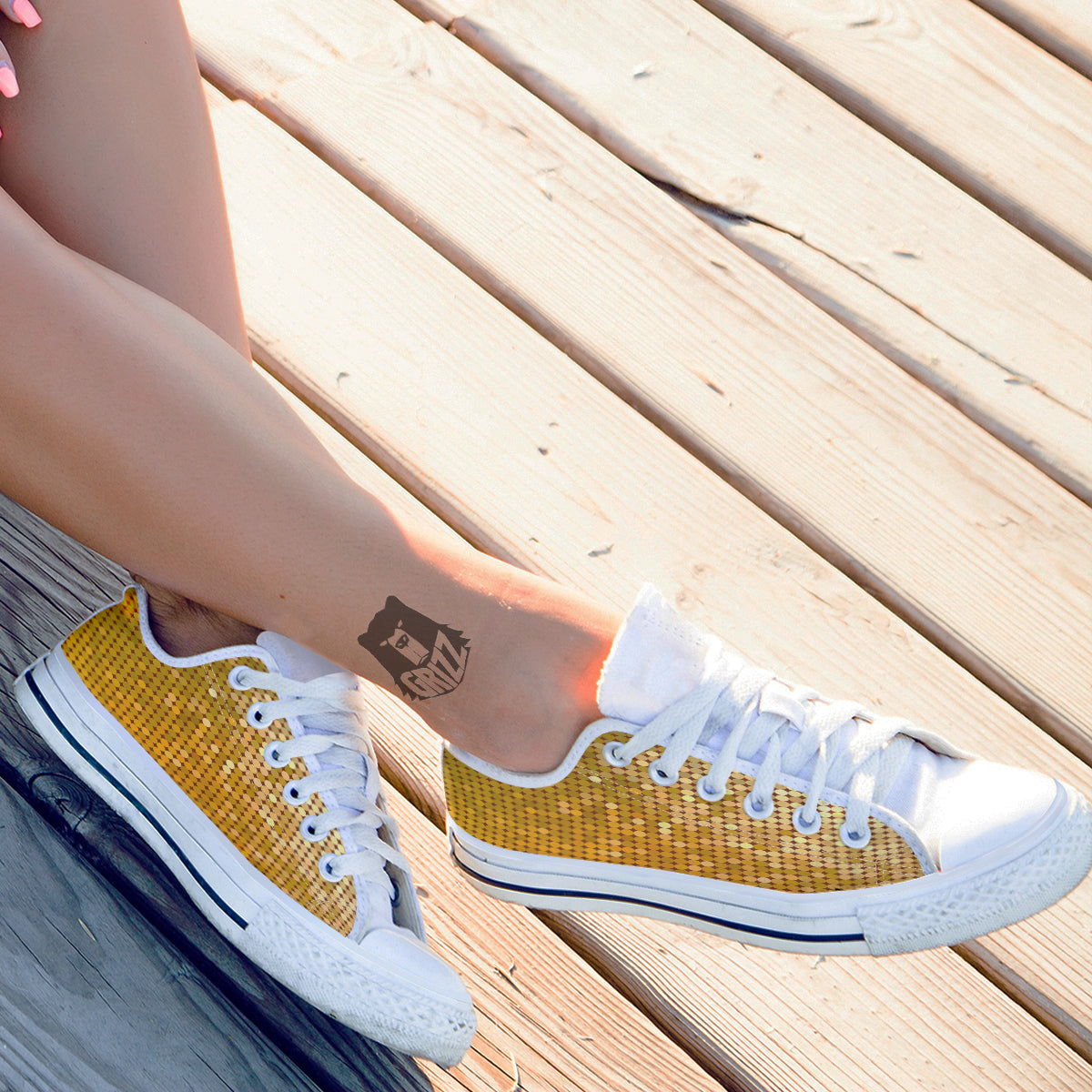 Disco Shiny Golden Texture Print White Low Top Shoes-grizzshop