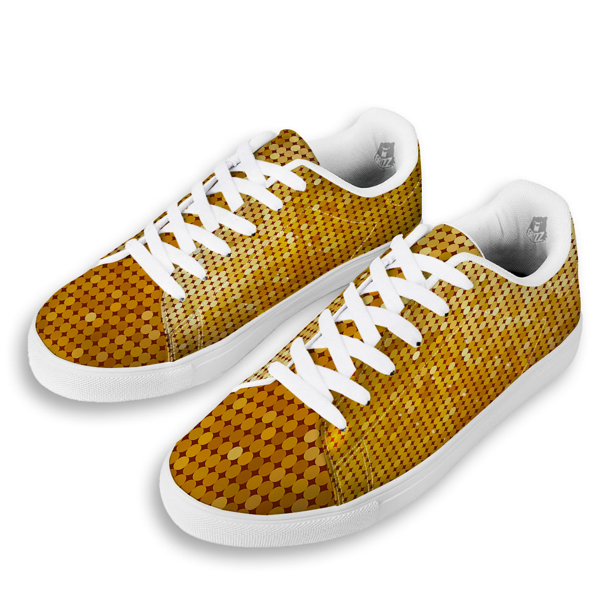 Disco Shiny Golden Texture Print White Low Top Sneakers-grizzshop