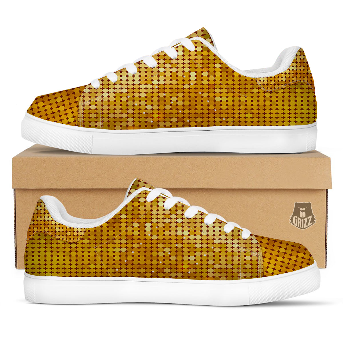 Disco Shiny Golden Texture Print White Low Top Sneakers-grizzshop