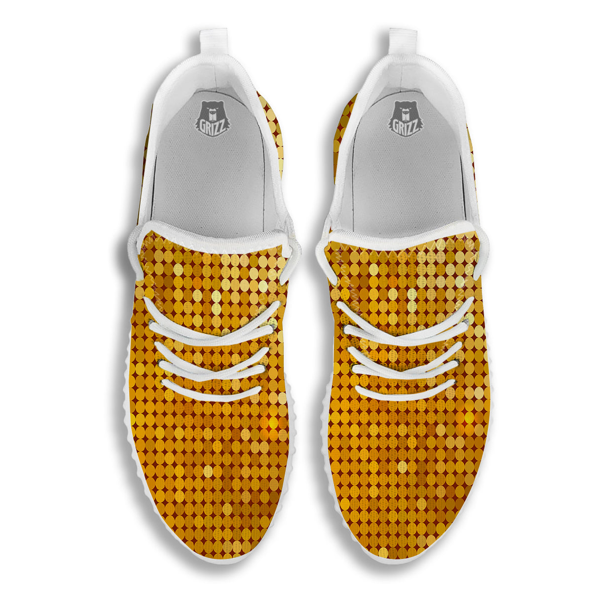 Disco Shiny Golden Texture Print White Walking Shoes-grizzshop