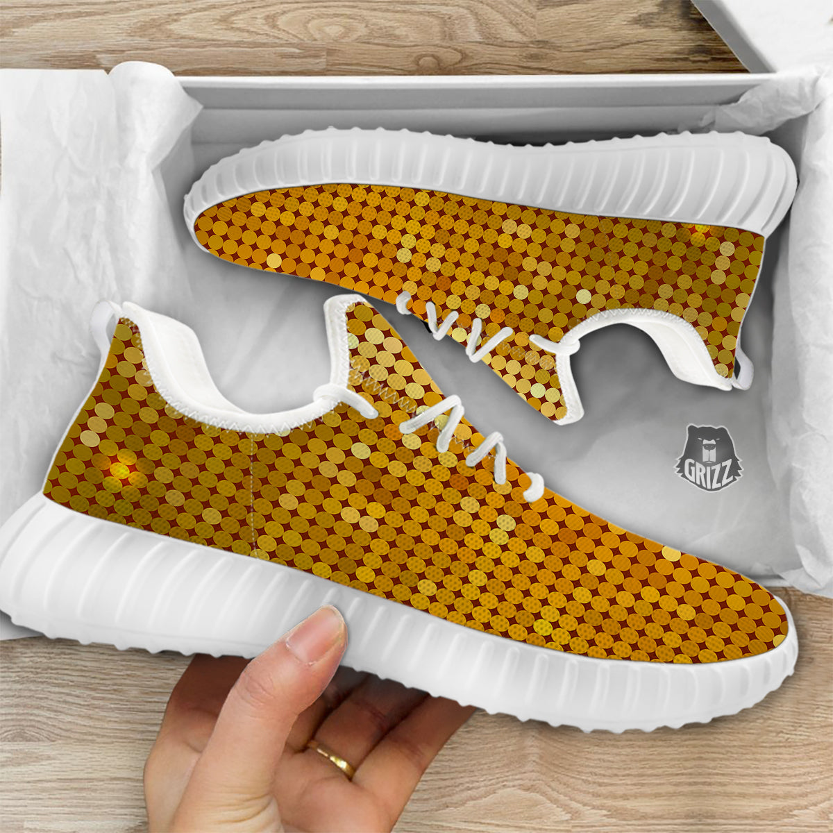 Disco Shiny Golden Texture Print White Walking Shoes-grizzshop