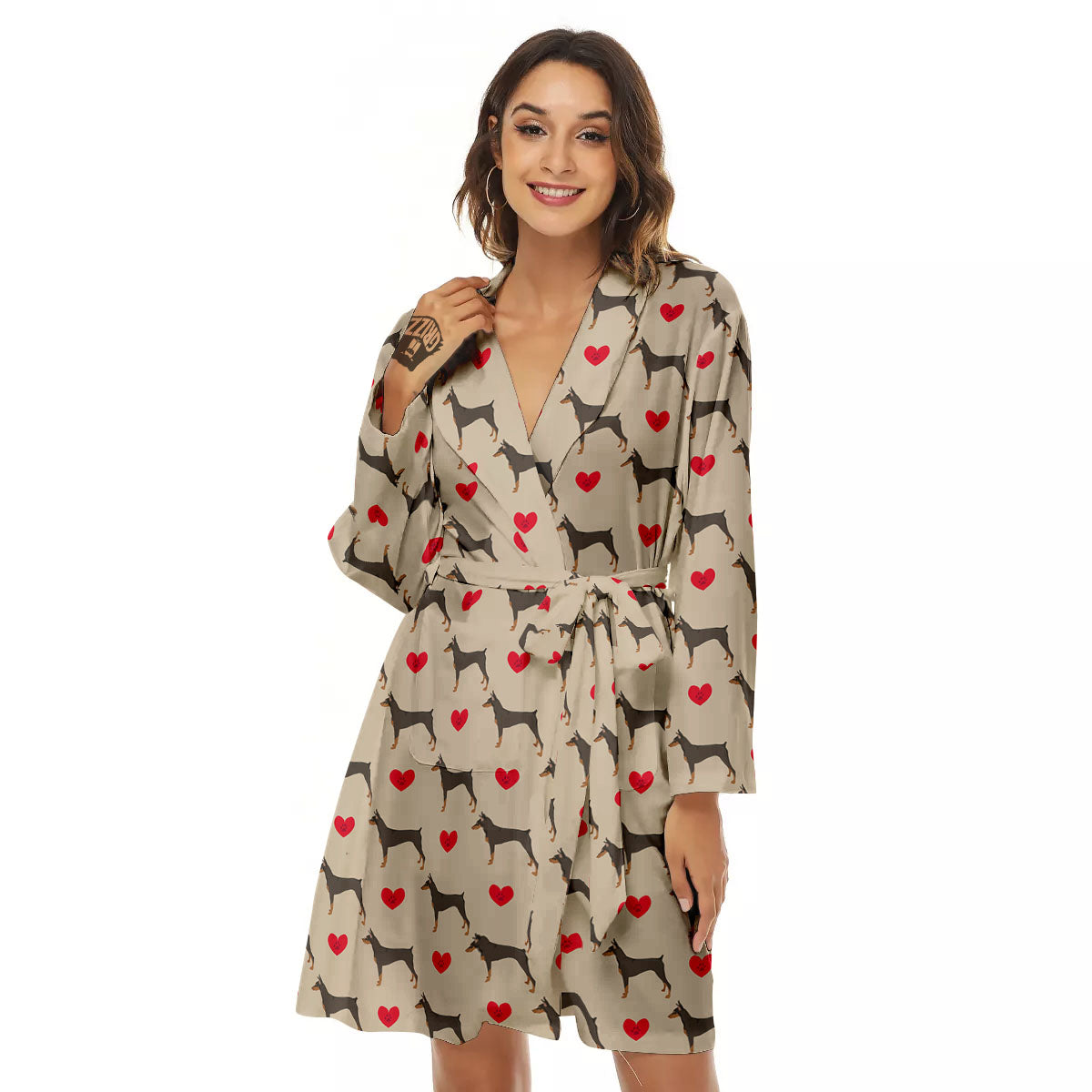 Dobermann Heart Print Pattern Women's Robe-grizzshop