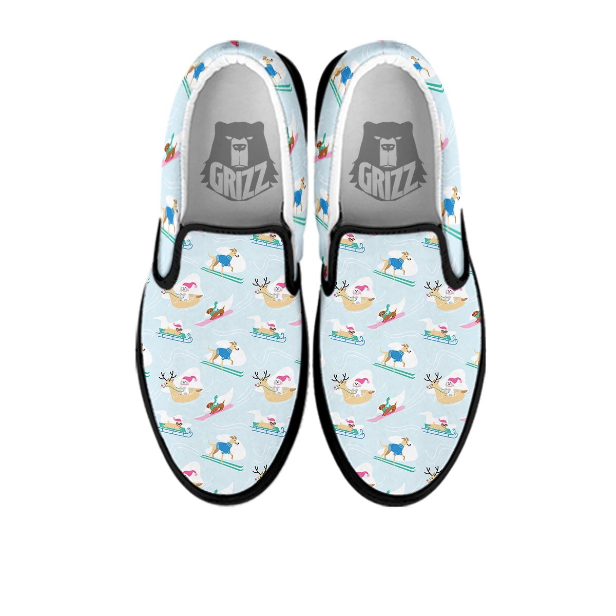 Dog Skiing Print Pattern Black Slip On Shoes-grizzshop
