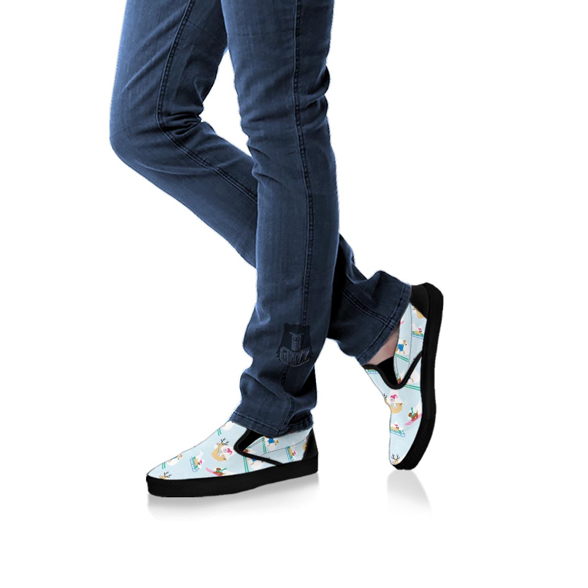 Dog Skiing Print Pattern Black Slip On Shoes-grizzshop